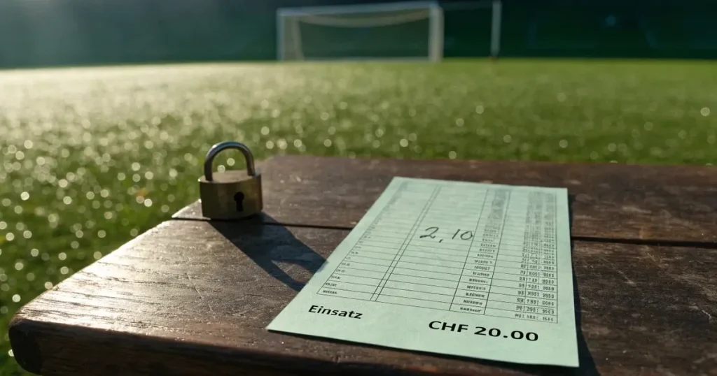 Ein Vorhängeschloss hängt an einem Holztor neben einem Fussballplatz im Morgenlicht, der Rasen ist taufeucht.