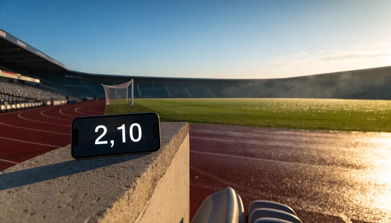 Eine rote Laufbahn umringt ein Fussballfeld beim Sonnenaufgang, auf dem Rasen liegt Tau.