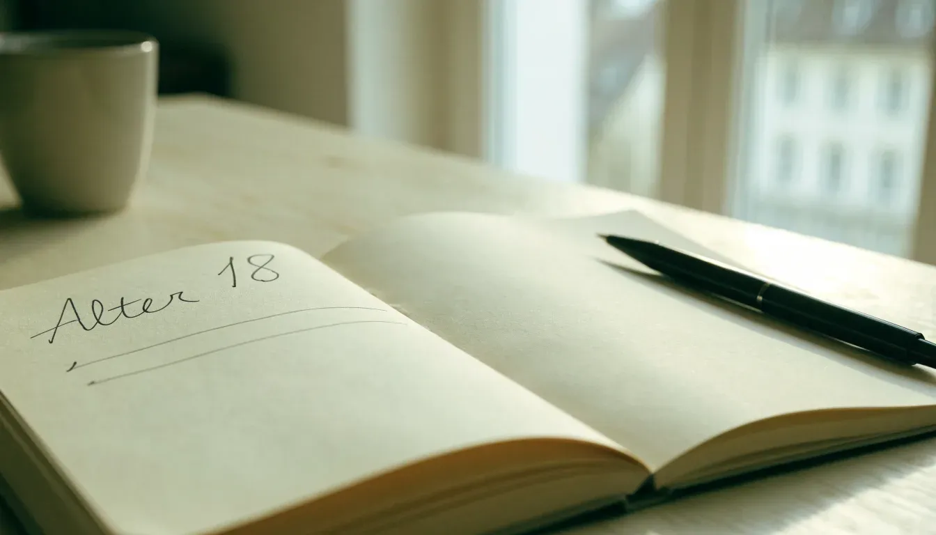 Ein aufgeschlagenes Notizbuch mit handschriftlichen Notizen und ein Kugelschreiber liegen auf einem Holztisch neben einem Fenster mit Tageslicht.