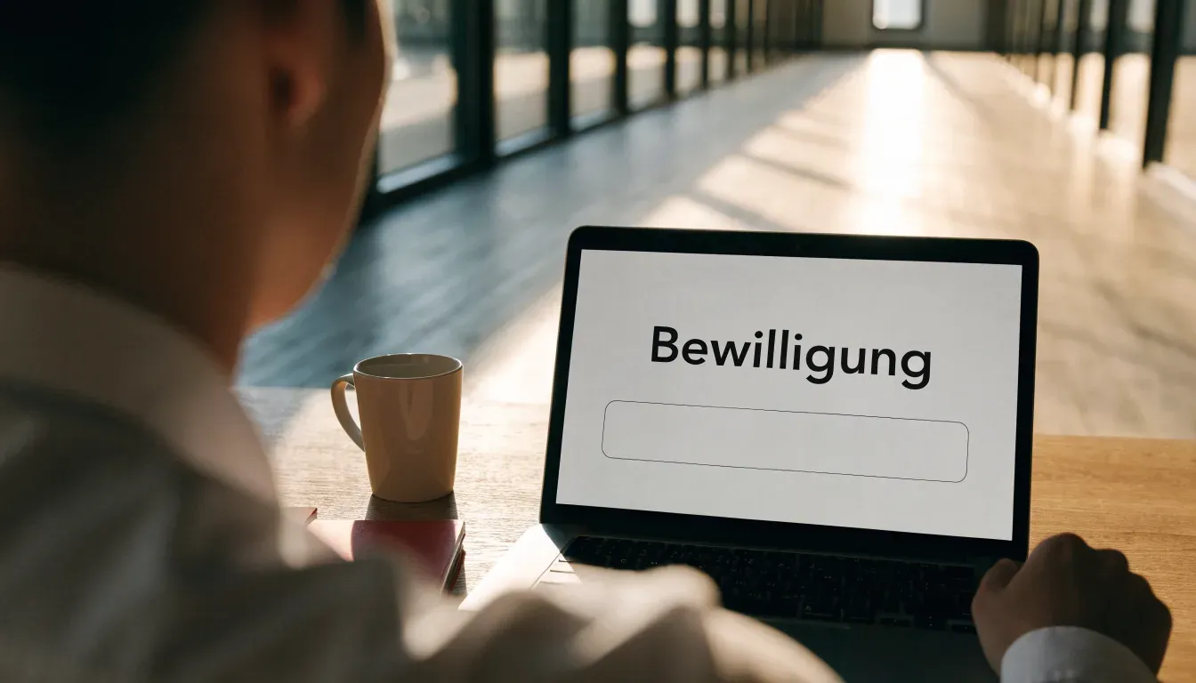 Ein langer, heller Flur in einem Verwaltungsgebäude mit Holzboden und hohen Fenstern am Ende, menschenleer.
