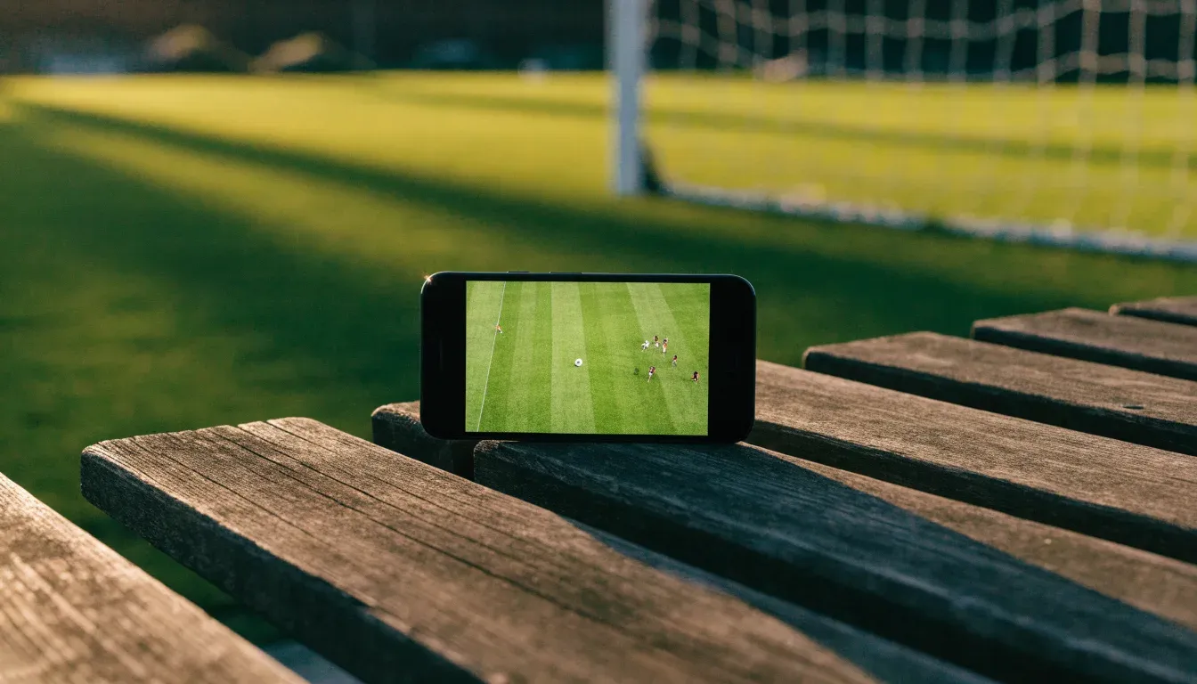 Ein Fussballschuh hängt an den Schnürsenkeln an einem Zaunpfosten neben einem Trainingsplatz im Abendlicht.
