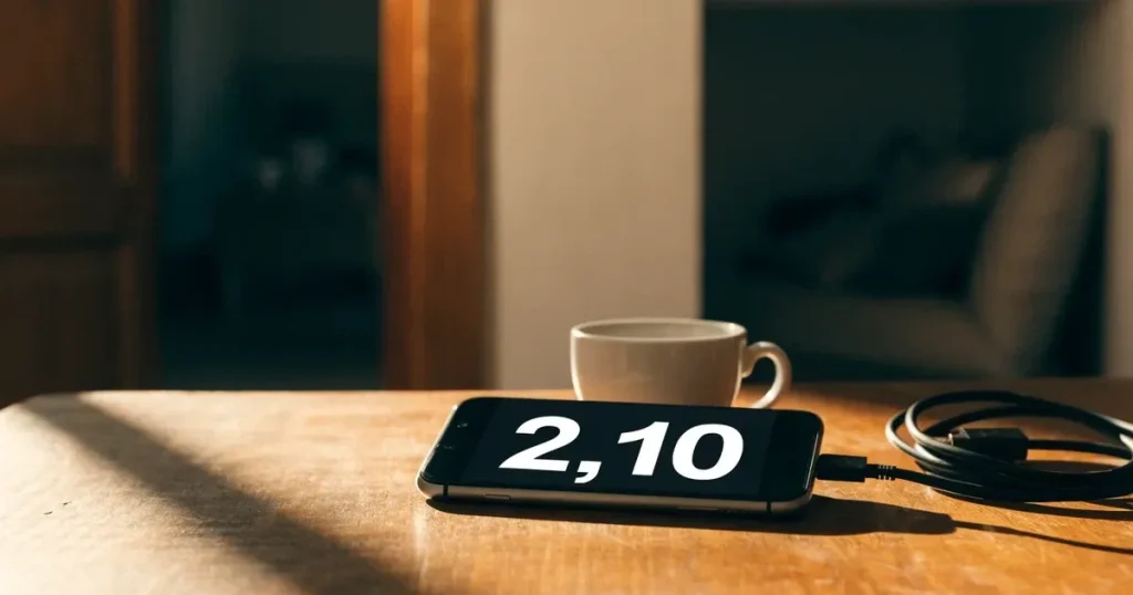 Ein Smartphone mit dunklem Display liegt auf einem Holztisch neben einem Ladekabel und einer Kaffeetasse.
