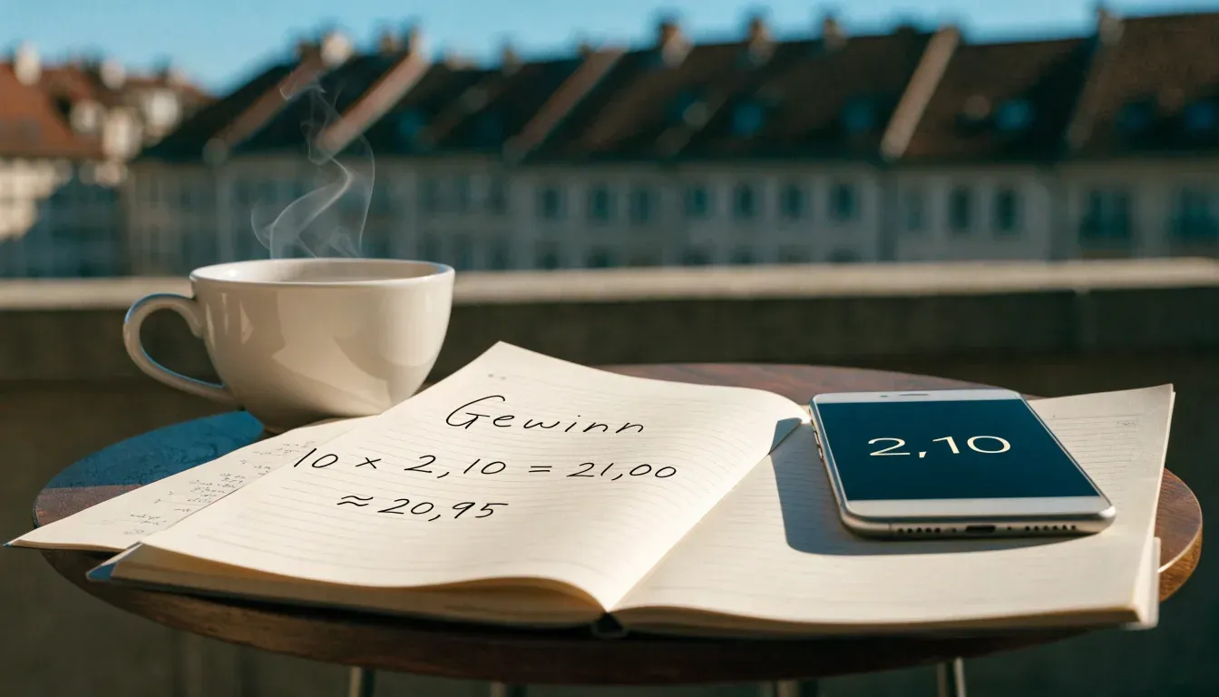 Eine Kaffeetasse und ein aufgeklappter leerer Notizblock stehen auf einem Balkontisch mit Blick über Hausdächer.