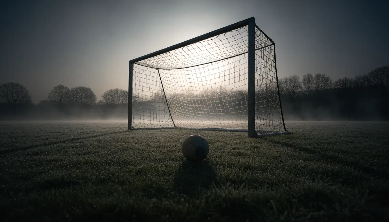 Ein Torpfosten mit Netz steht im Gegenlicht auf einem leeren Fussballplatz, über dem Rasen liegt Nebel.