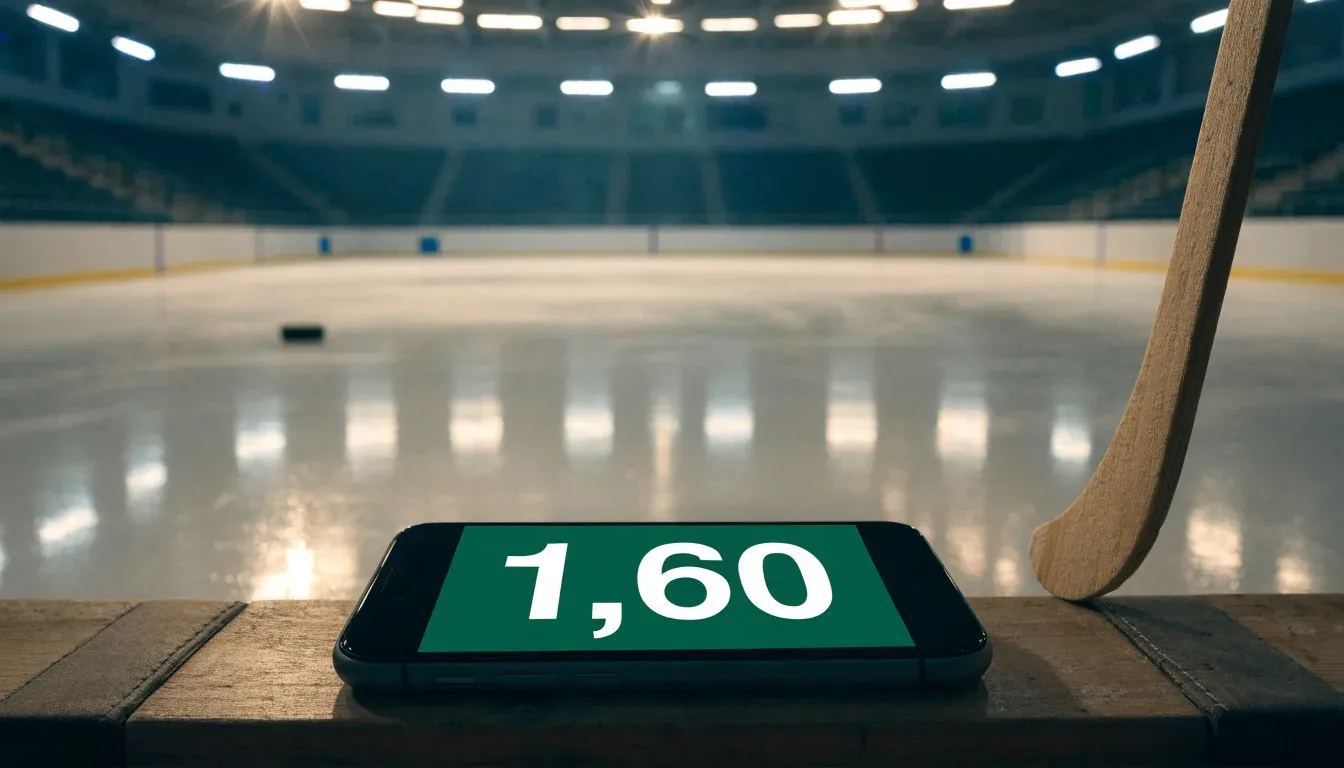 Ein Eishockeyschläger lehnt an der Bande einer leeren Halle, auf dem Eis spiegeln sich die Deckenlampen.