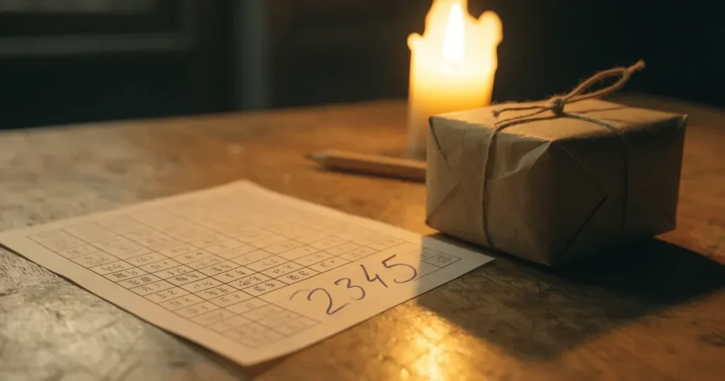 Ein einzelnes Geschenkpaket mit Schnur liegt auf einem Holztisch neben einer brennenden Kerze.