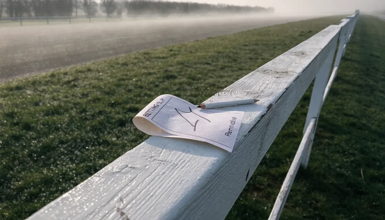 Eine leere Pferderennbahn liegt im Frühnebel, ein weisser Zaun verläuft als Linie ins Grau.