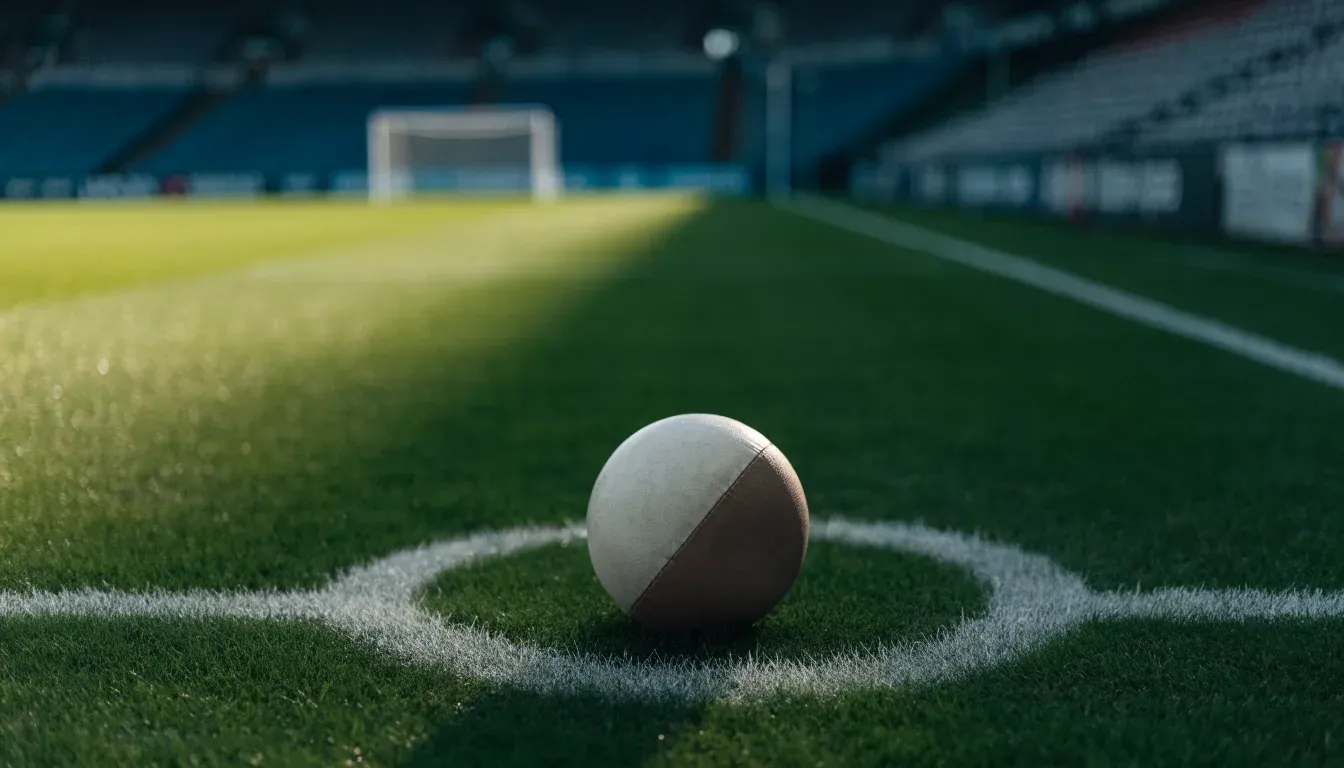 Ein einzelner Fussball liegt auf dem Elfmeterpunkt eines leeren Strafraums, der Rasen glänzt nass.