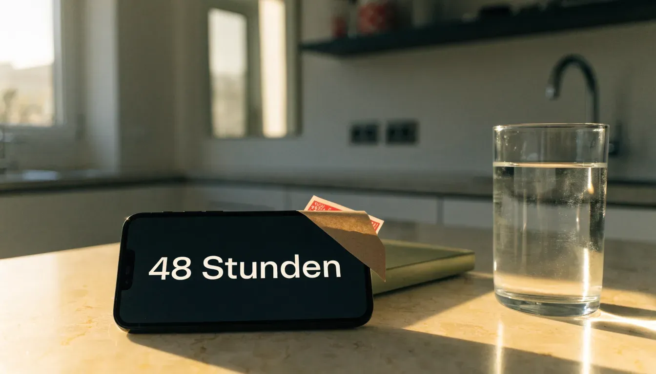 Ein altes Radio steht auf einer Küchenablage neben einem Glas Wasser, Morgenlicht fällt durchs Fenster.
