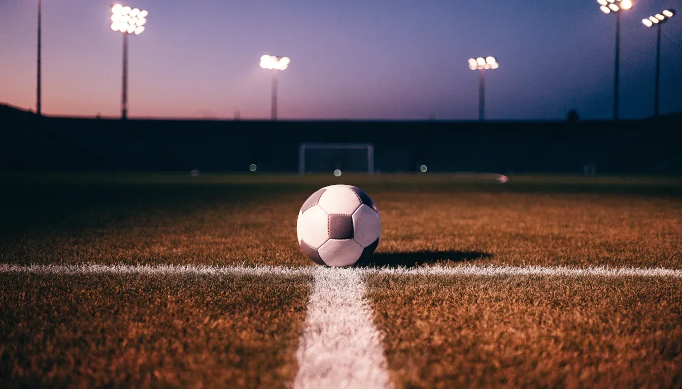 Ein Fussball liegt auf dem Mittelpunkt eines leeren Rasenplatzes, im Hintergrund ragen Flutlichtmasten in die Abenddämmerung