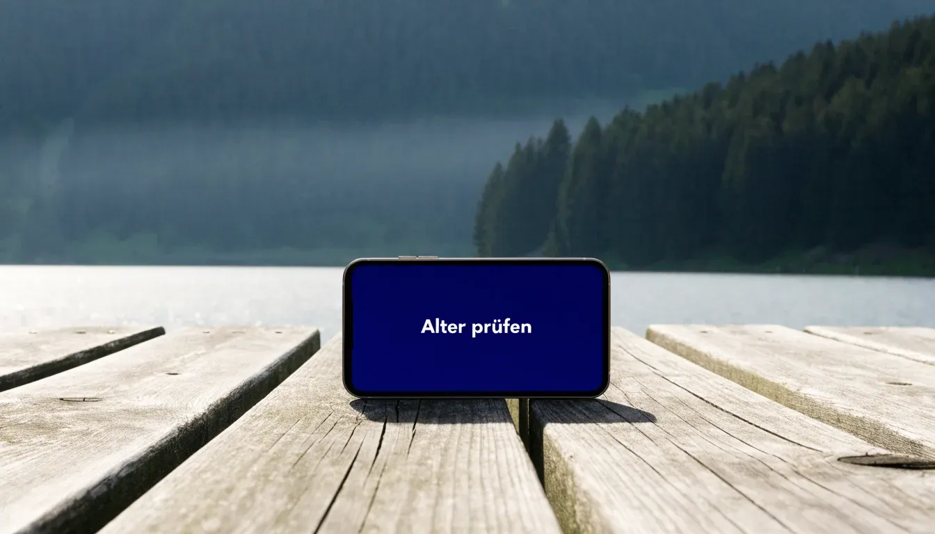 Eine Holzbank am Ufer eines ruhigen Bergsees, am gegenüberliegenden Ufer steigen dunkle Hänge in den Frühnebel