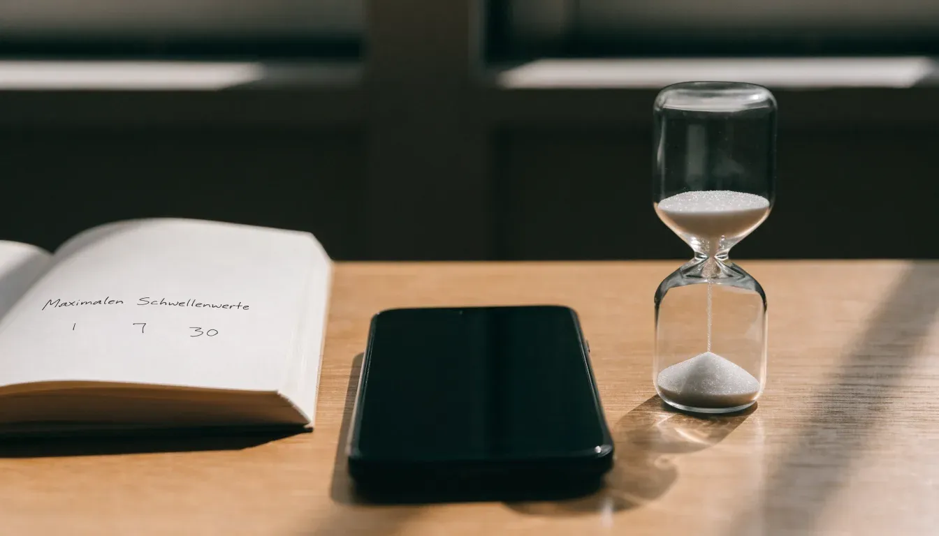 Eine Sanduhr steht neben einem Smartphone mit dunklem Display auf einem Holztisch, ruhiges Tageslicht fällt von der Seite ein