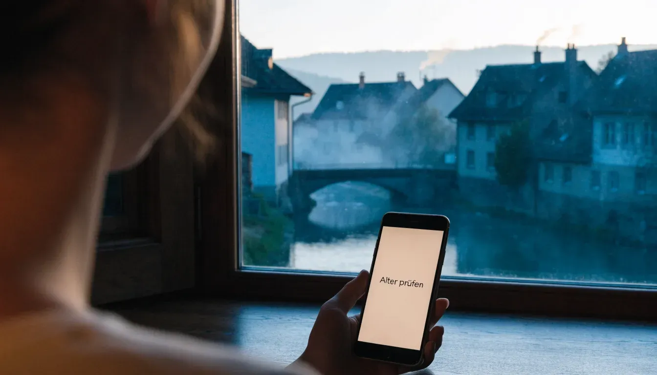 Eine steinerne Brücke über einen Fluss in einer Kleinstadt am frühen Morgen, Nebel zieht zwischen den Dächern hindurch