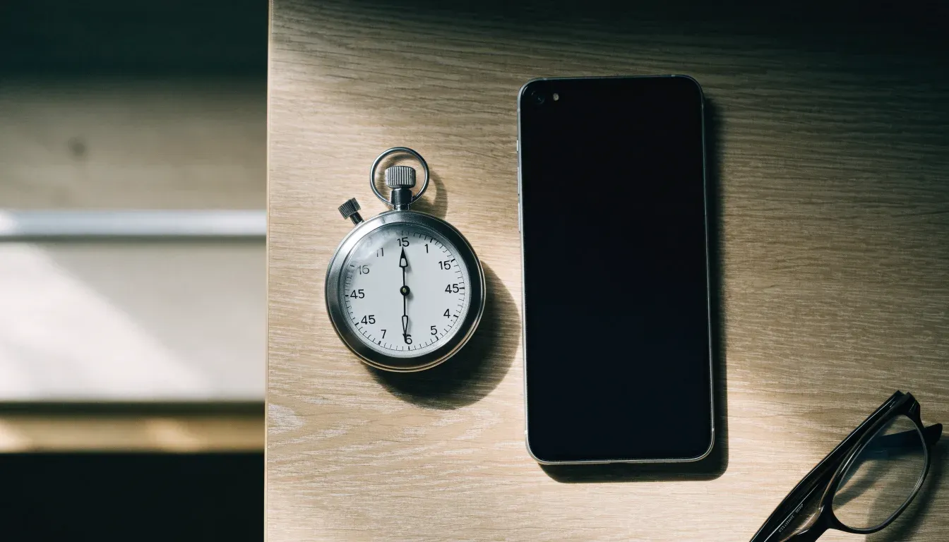 Eine Stoppuhr und ein Smartphone mit dunklem Display liegen nebeneinander auf einem Holztisch, weiches Fensterlicht