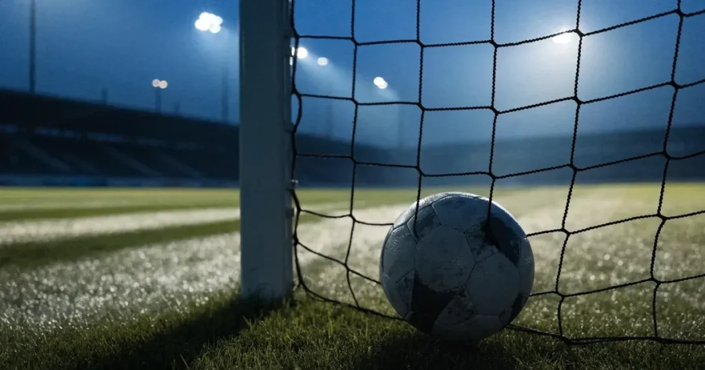Ein Fussball liegt im Netz eines Tores, Flutlicht und kalte Abendluft liegen über dem leeren Platz