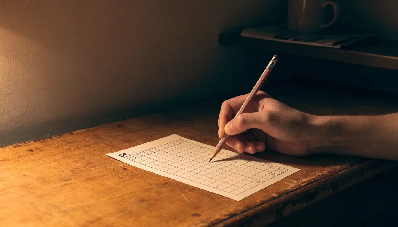 Ein leerer Wettschein aus Papier und ein Bleistift liegen auf einem Holztresen, warmes Licht einer Lampe