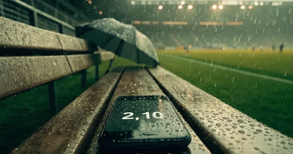 Ein offener Regenschirm lehnt an einer leeren Tribünenbank, Regen fällt auf die Stufen eines Stadions