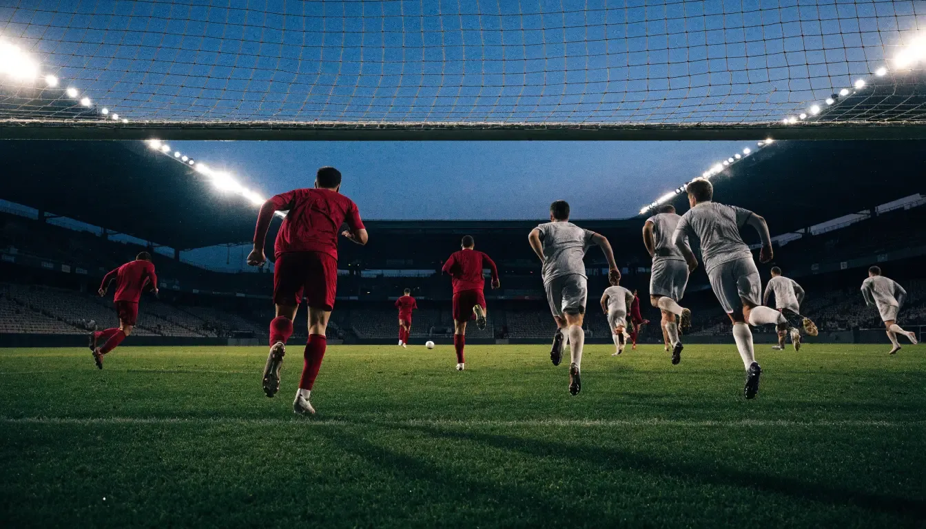 Eine leere Stadiontribüne bei Sonnenaufgang aus der Ferne, lange Schatten fallen über die Sitzreihen