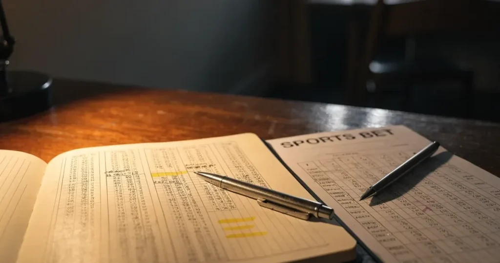Ein Notizbuch mit handschriftlichen Spalten und ein Kugelschreiber neben einem Taschenrechner, Licht einer Schreibtischlampe