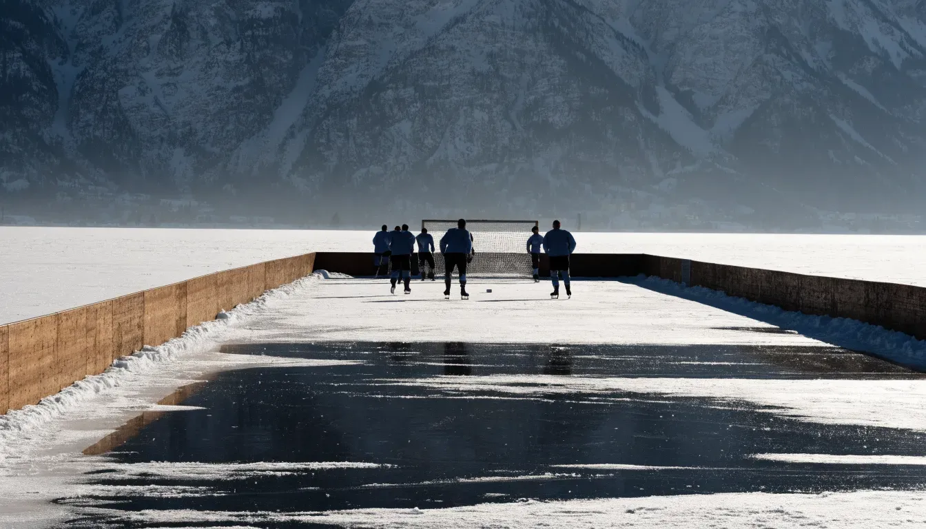 Ein Eishockeyfeld im Freien auf einem zugefrorenen See, Schneewehen an den Banden, klare Winterluft