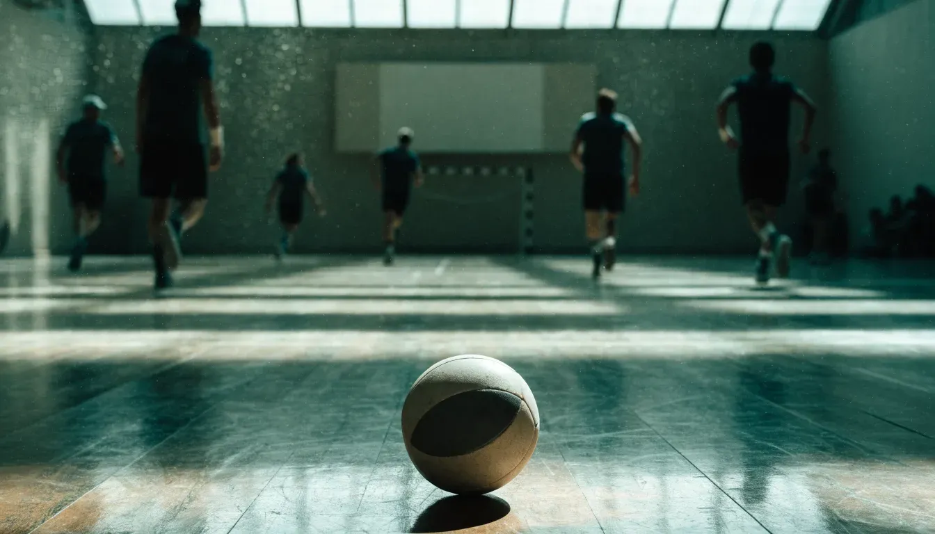 Ein Handball liegt auf dem Hallenboden einer leeren Sporthalle, Streifen von Licht aus den Oberlichtern