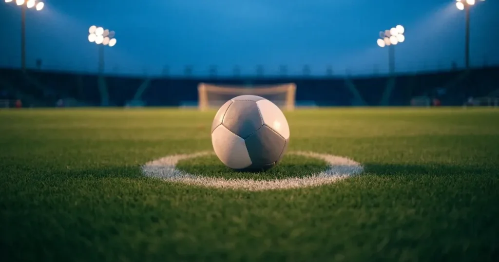 Ein Fussball liegt auf dem Anstosspunkt eines leeren Rasenplatzes in der Abenddämmerung, im Hintergrund leuchten Flutlichtmasten.