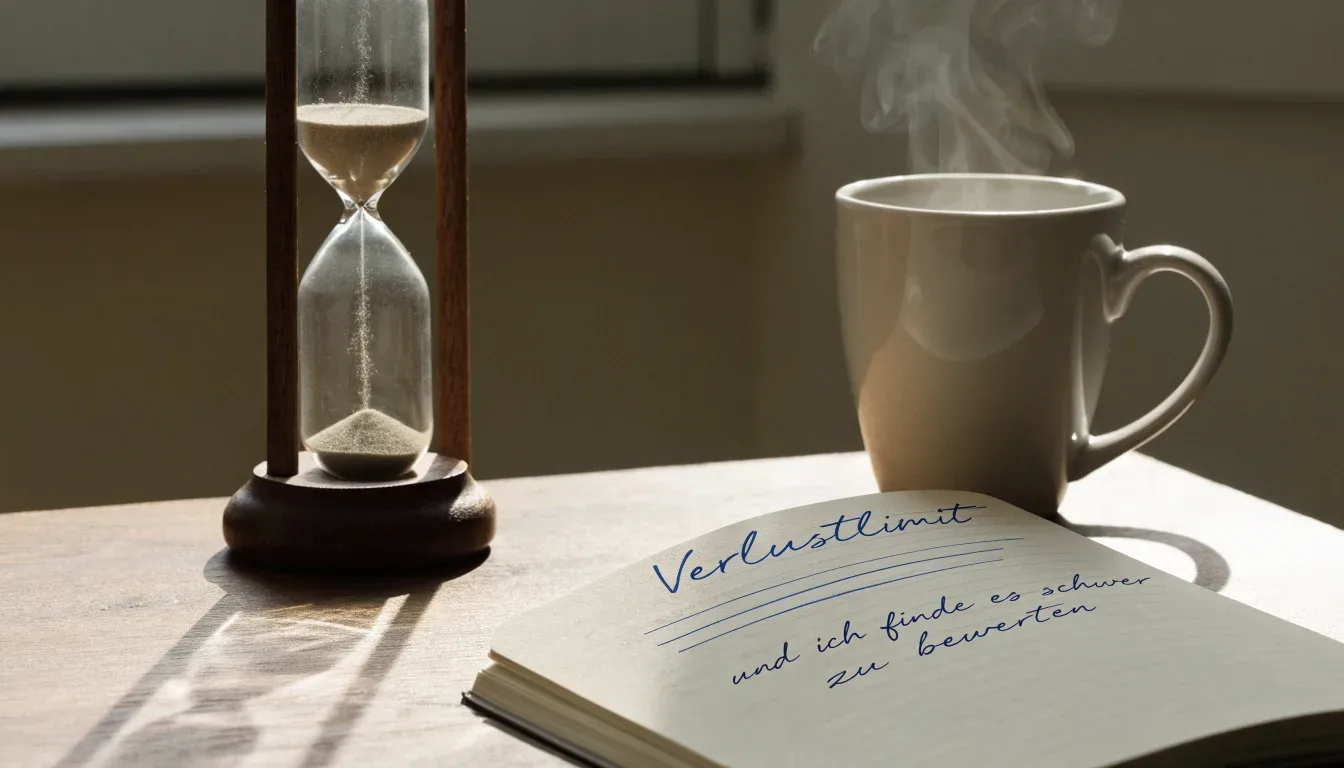 Eine Sanduhr steht neben einem Notizbuch mit handschriftlichen Notizen auf einem Holztisch, daneben dampft eine Tasse Tee.