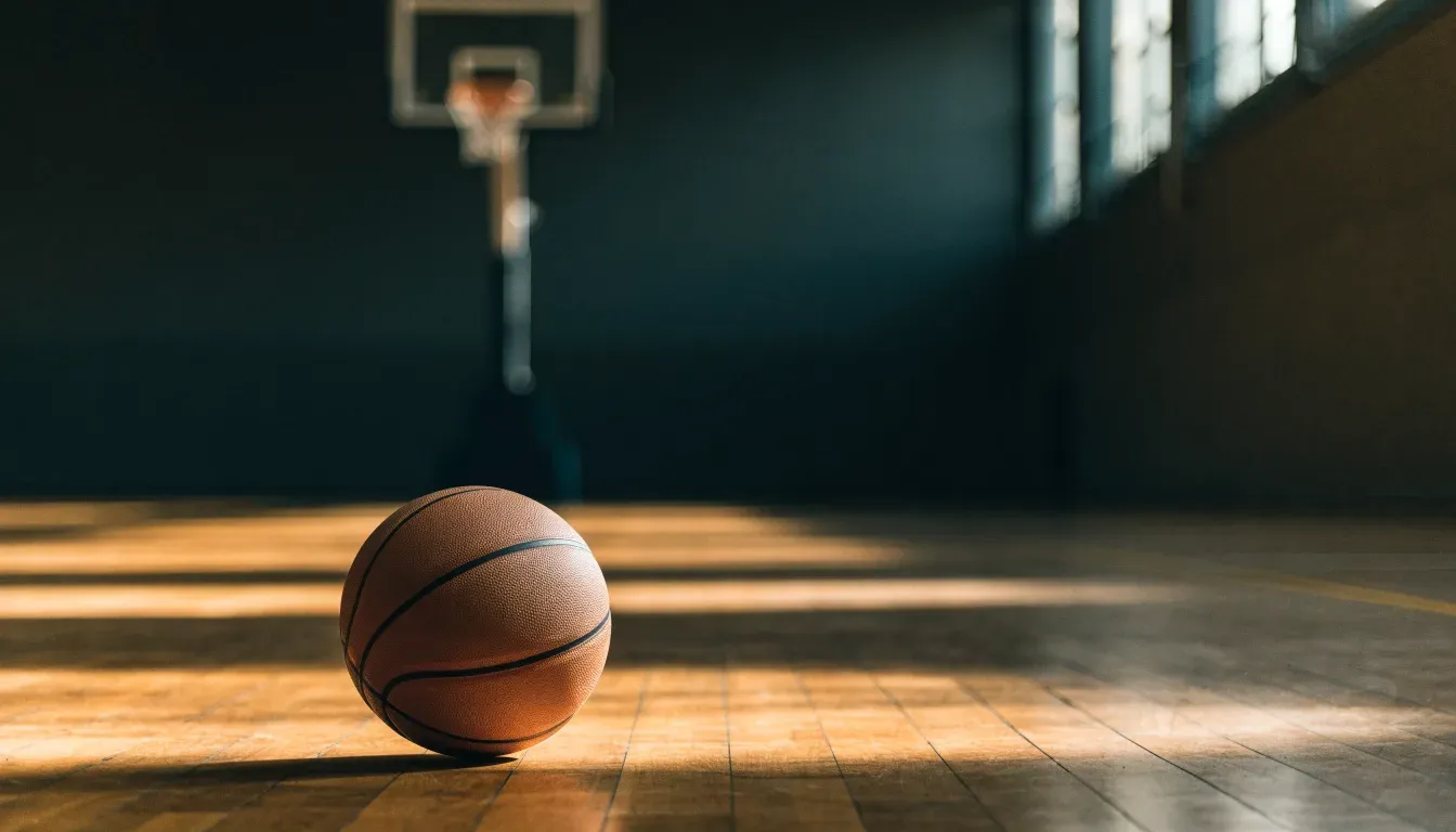 Ein Basketball ruht auf dem polierten Parkett einer leeren Halle, Nachmittagslicht fällt durch hohe Fenster.