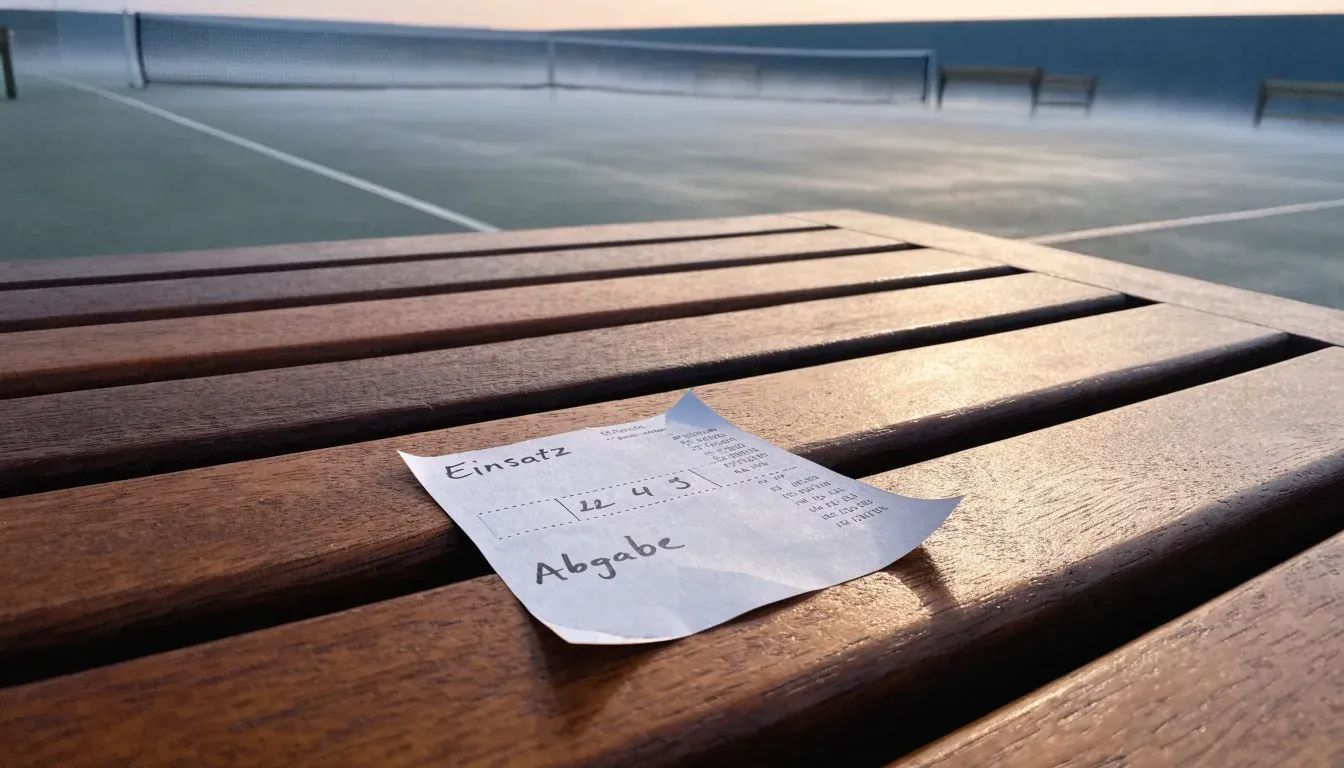 Ein gepflegter Tennisplatz im Morgengrauen, über der Grundlinie hängt leichter Nebel und die Bänke am Rand sind leer.