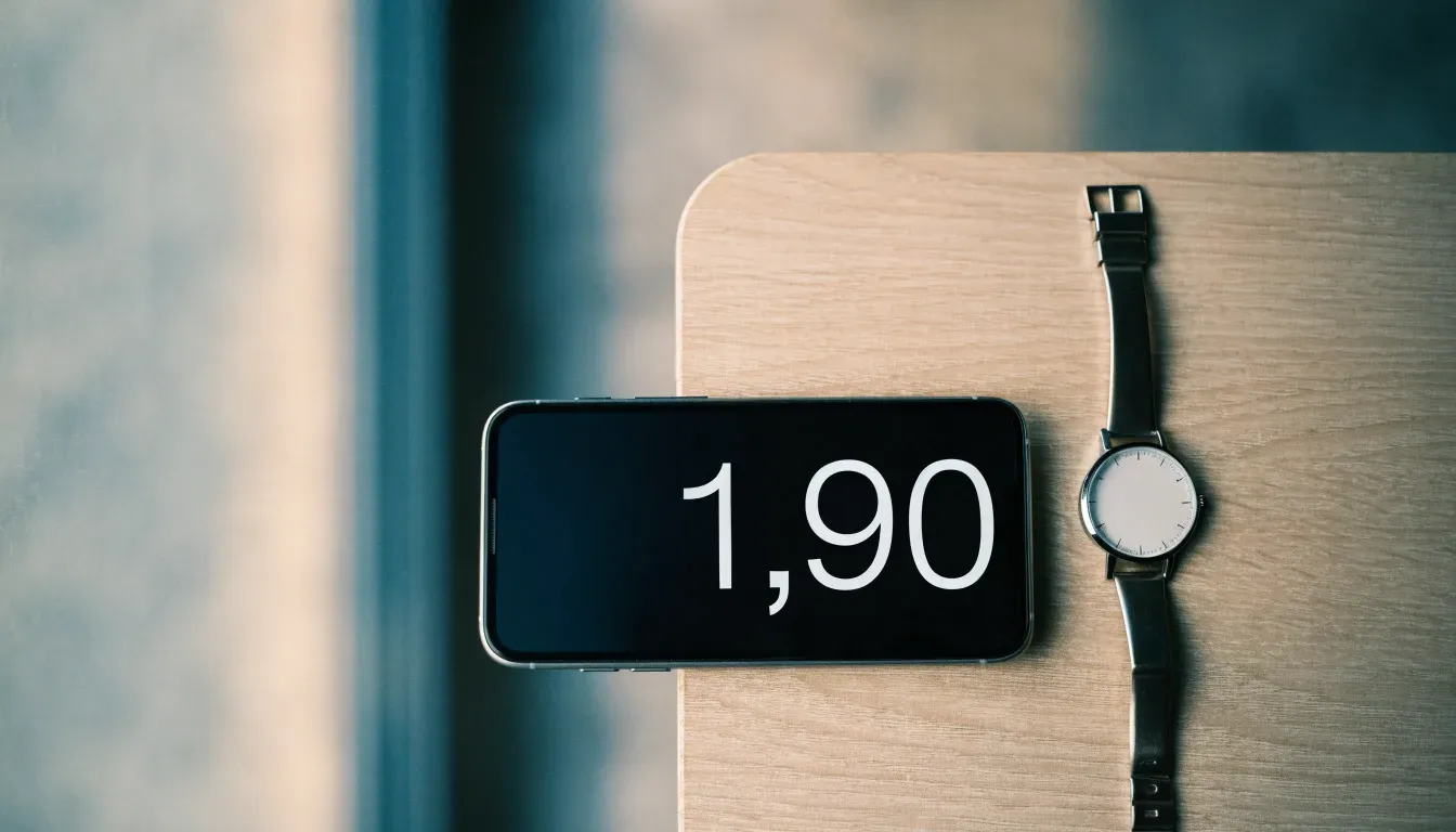 Ein Smartphone liegt mit dem Display nach unten auf einem Tisch neben einer Armbanduhr, im Hintergrund ein unscharfes Fenster.