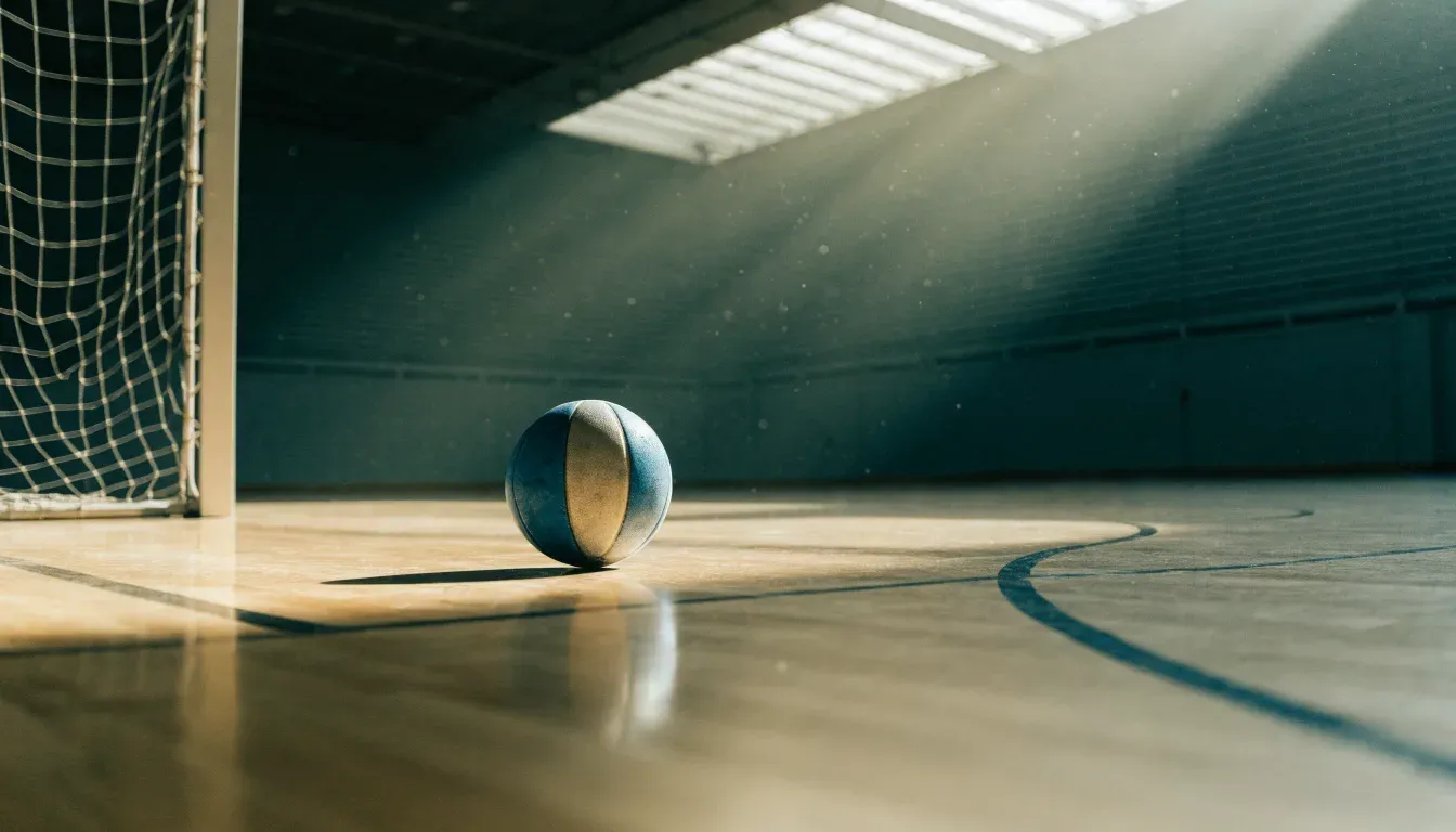 Ein Handball liegt am Rand des Torraums in einer leeren Sporthalle, Licht fällt durch Oberlichter auf den Hallenboden.