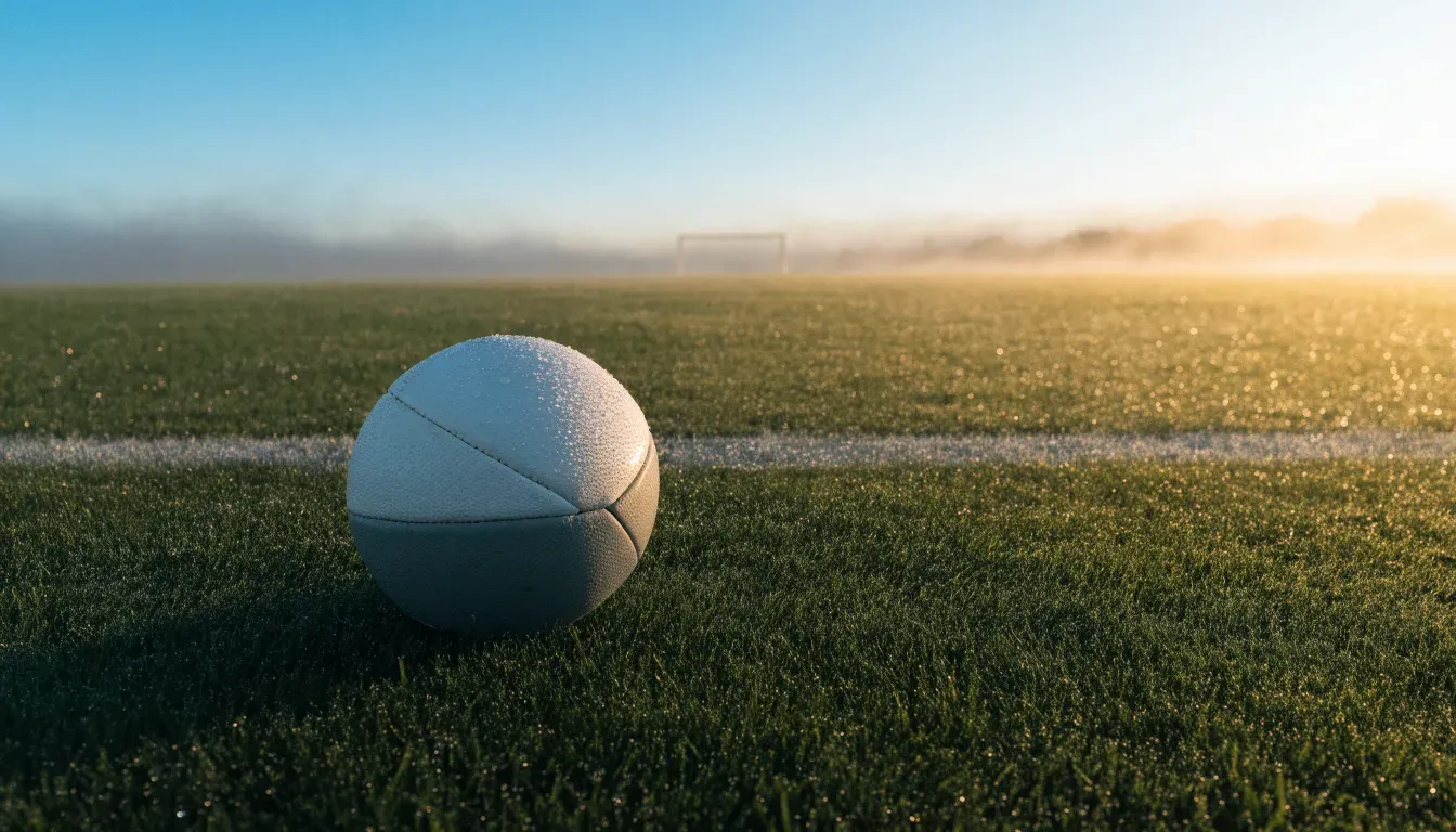 Ein Rasenspielfeld bei Sonnenaufgang, die Mittellinie verläuft quer durchs Bild und Tau glitzert auf dem Gras.