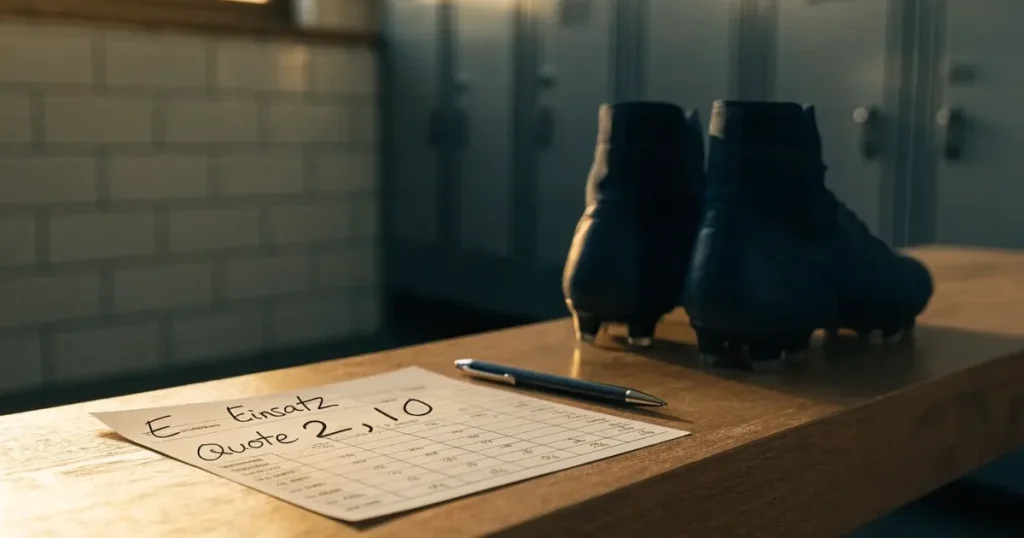 Zwei Fussballschuhe stehen nebeneinander auf einer Holzbank in einer leeren Umkleidekabine.