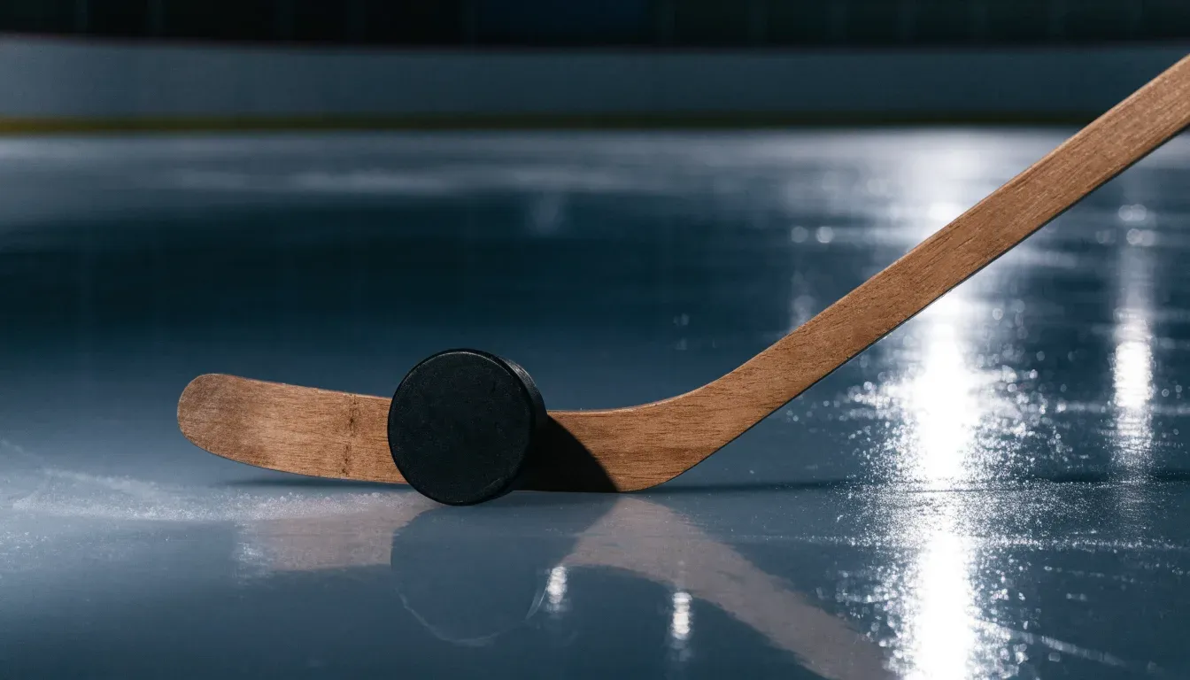 Ein Eishockeypuck und ein Schläger liegen auf einer glänzenden Eisfläche, im Hintergrund verschwimmen leere Banden.