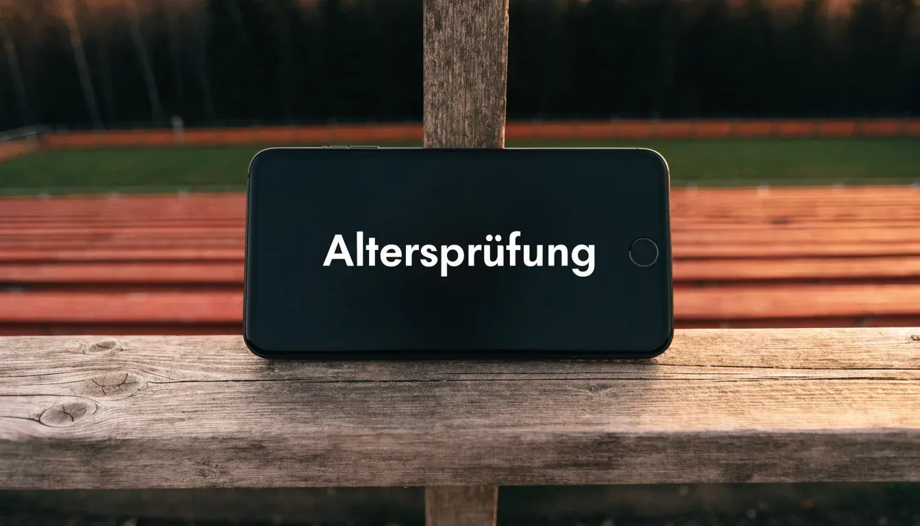 Eine leere Holztribüne steht am Waldrand neben einem kleinen Sportplatz im Herbstlicht.