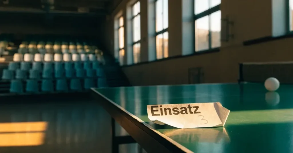Eine Tischtennisplatte steht in einer leeren Sporthalle, ein einzelner Ball liegt am Netz und Tageslicht fällt von der Seite ein.