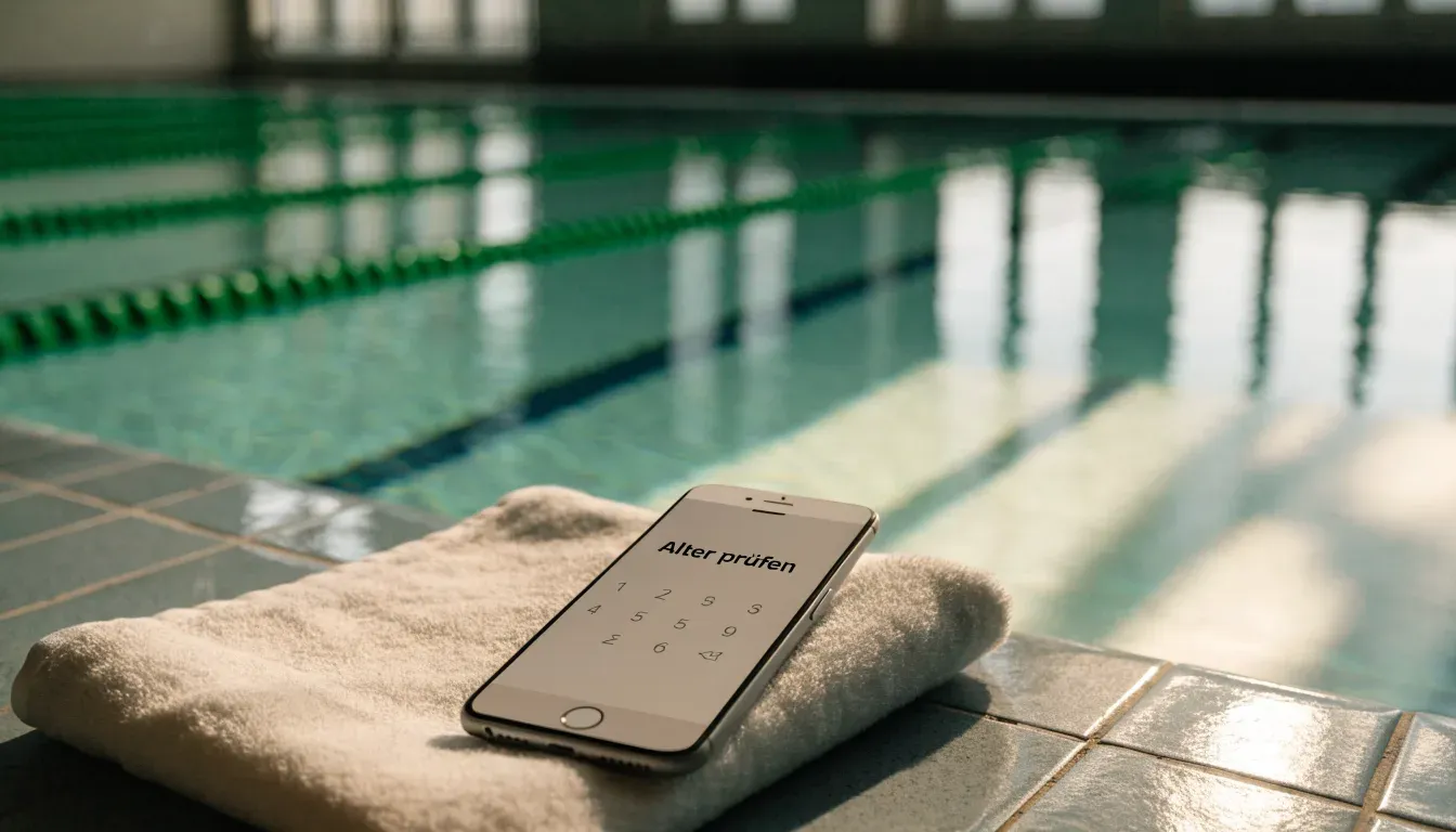 Eine ruhige Schwimmhalle mit glattem Wasser im Becken und gespannten Bahnleinen, Licht fällt durch hohe Fenster.