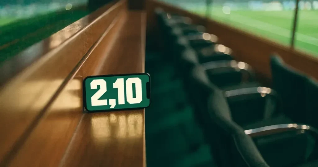 Ein leerer Ledersessel steht in einer Stadionloge mit Blick auf das Spielfeld im Abendlicht.