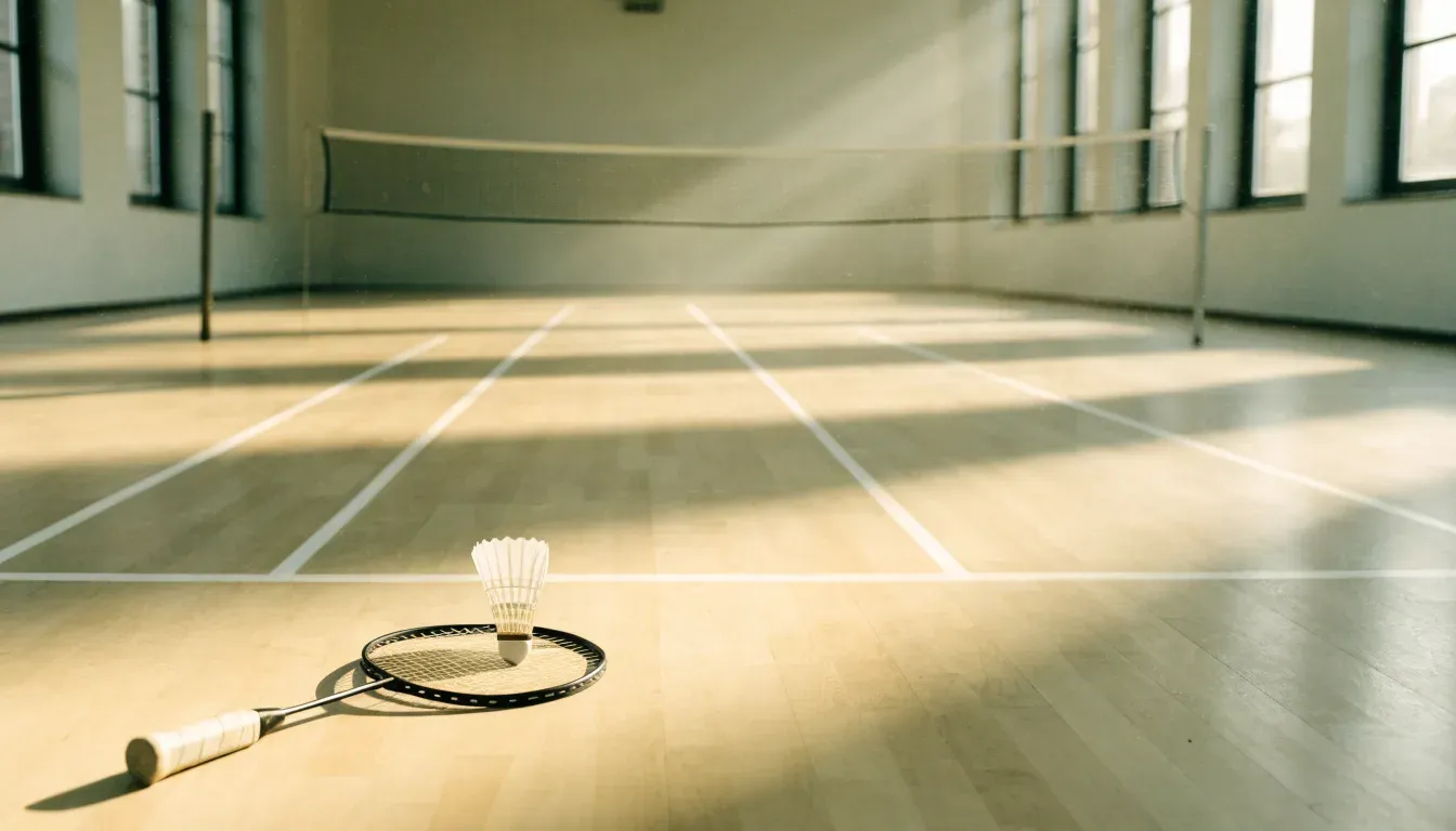 Ein Badmintonschläger liegt neben einem Federball auf dem hellen Hallenboden eines leeren Spielfelds.