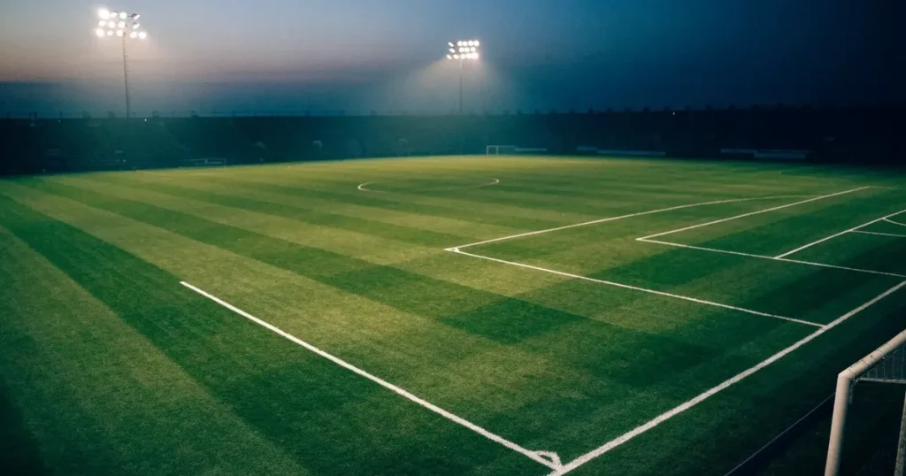 Ein menschenleerer Fussballplatz mit frisch gemähtem Rasen unter Flutlichtmasten in der Abenddämmerung, aus erhöhter Perspektive fotografiert.