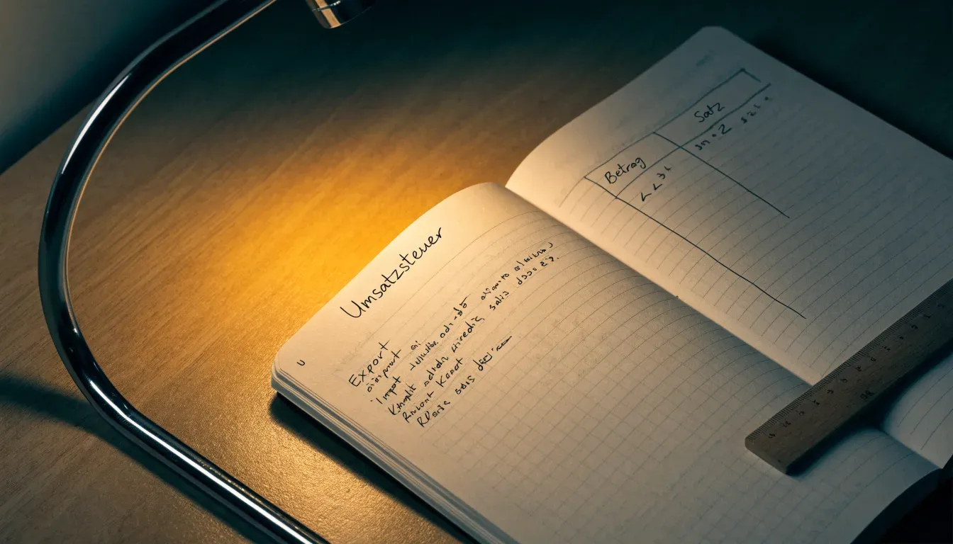 Eine Schreibtischlampe beleuchtet ein kariertes Heft mit handschriftlichen Skizzen, daneben liegt ein Lineal aus Holz.