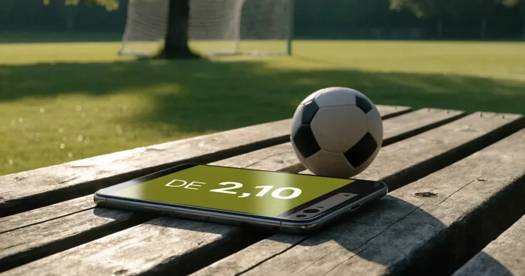 Ein Smartphone mit dunklem Bildschirm liegt neben einem Fussball auf einer Holzbank am Rand eines Trainingsplatzes im Morgenlicht.