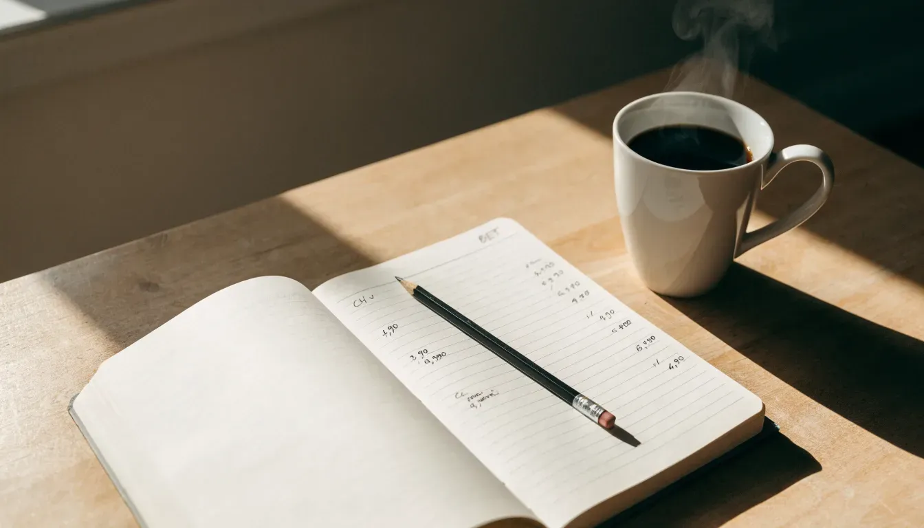 Eine Tasse Kaffee und ein Bleistift liegen auf einem sonnenbeschienenen Küchentisch neben einem leeren Notizblock.