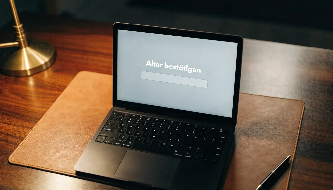 Ein Füllfederhalter liegt auf einer leeren Schreibunterlage aus Leder neben einer Messinglampe.