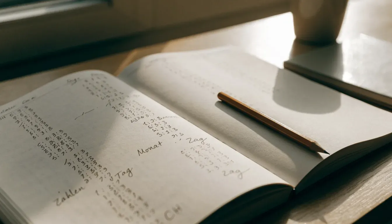 Ein aufgeschlagenes Notizbuch mit handschriftlichen Spalten und ein Bleistift liegen auf einem Holztisch neben einem Fenster.