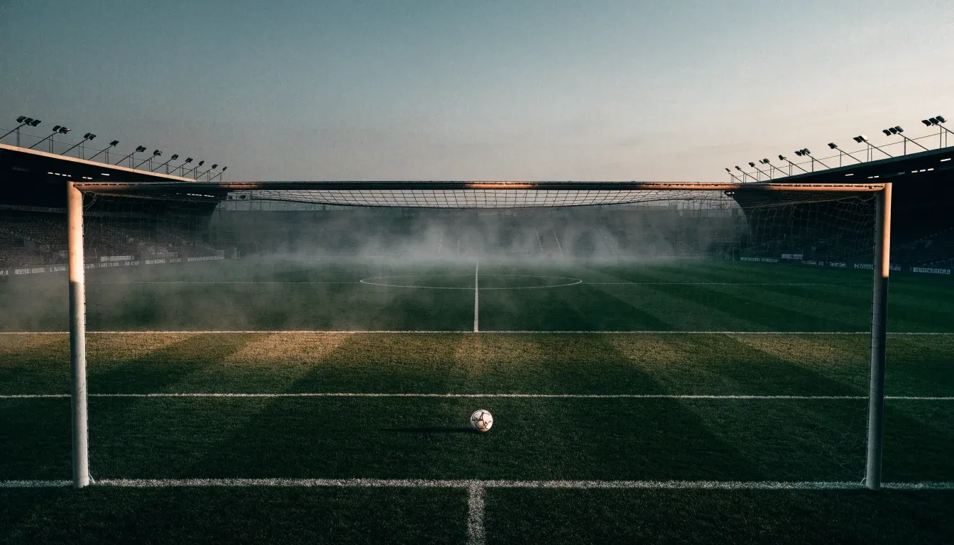 Ein Tennisplatz aus Sand liegt im Morgengrauen still da, Nebel hängt über der Grundlinie und dem aufgespannten Netz.