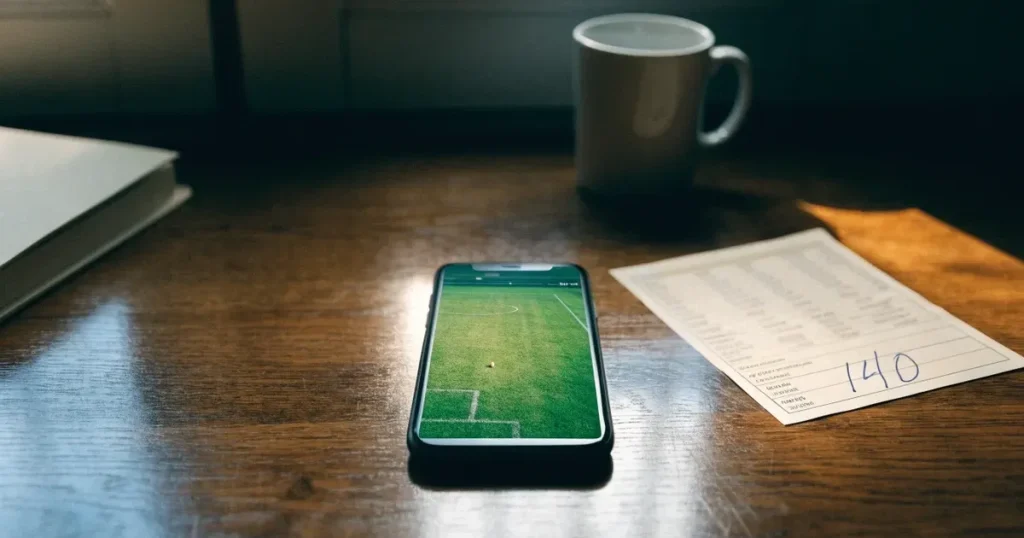 Ein Paar Fussballschuhe steht auf einer Holzbank in einer leeren Umkleide, über der Bank hängt ein Handtuch.