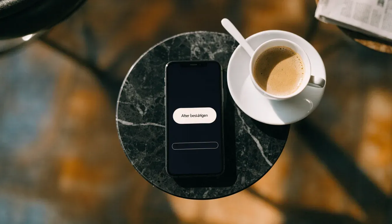 Ein Smartphone liegt mit der Rückseite nach oben auf einem Kaffeehaustisch neben einer Tasse und einem Löffel.