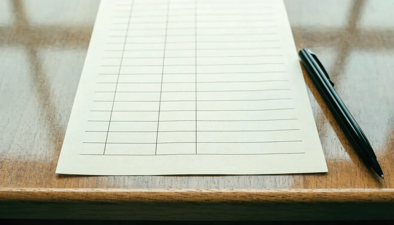 Ein unbeschriebener Papierwettschein und ein Kugelschreiber liegen auf einer hölzernen Ladentheke im Tageslicht.