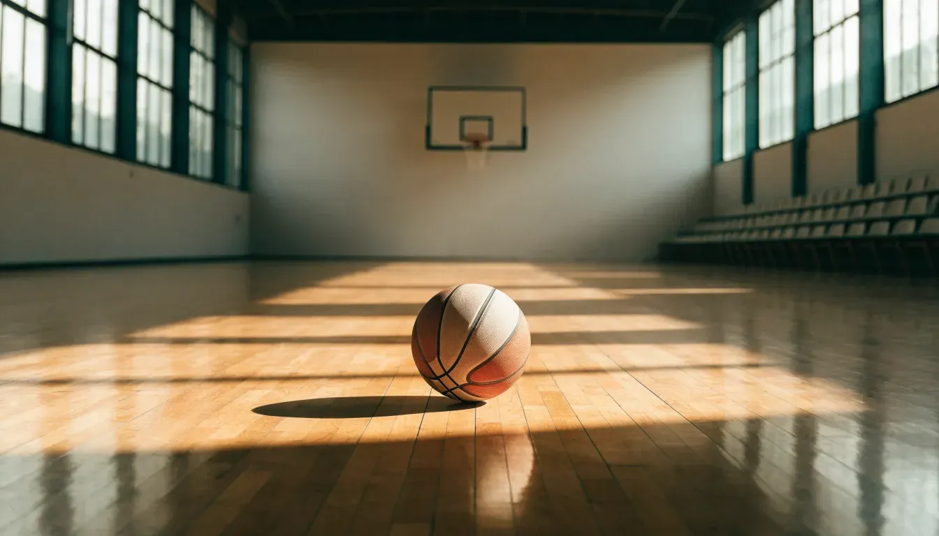 Ein Basketball ruht auf dem Parkett einer leeren Sporthalle, durch hohe Fenster fällt Tageslicht.